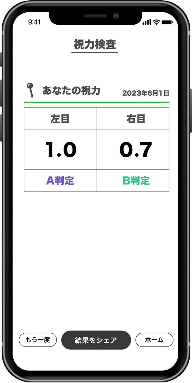 左右の視力結果と操作ボタンを表示するアプリ画面
