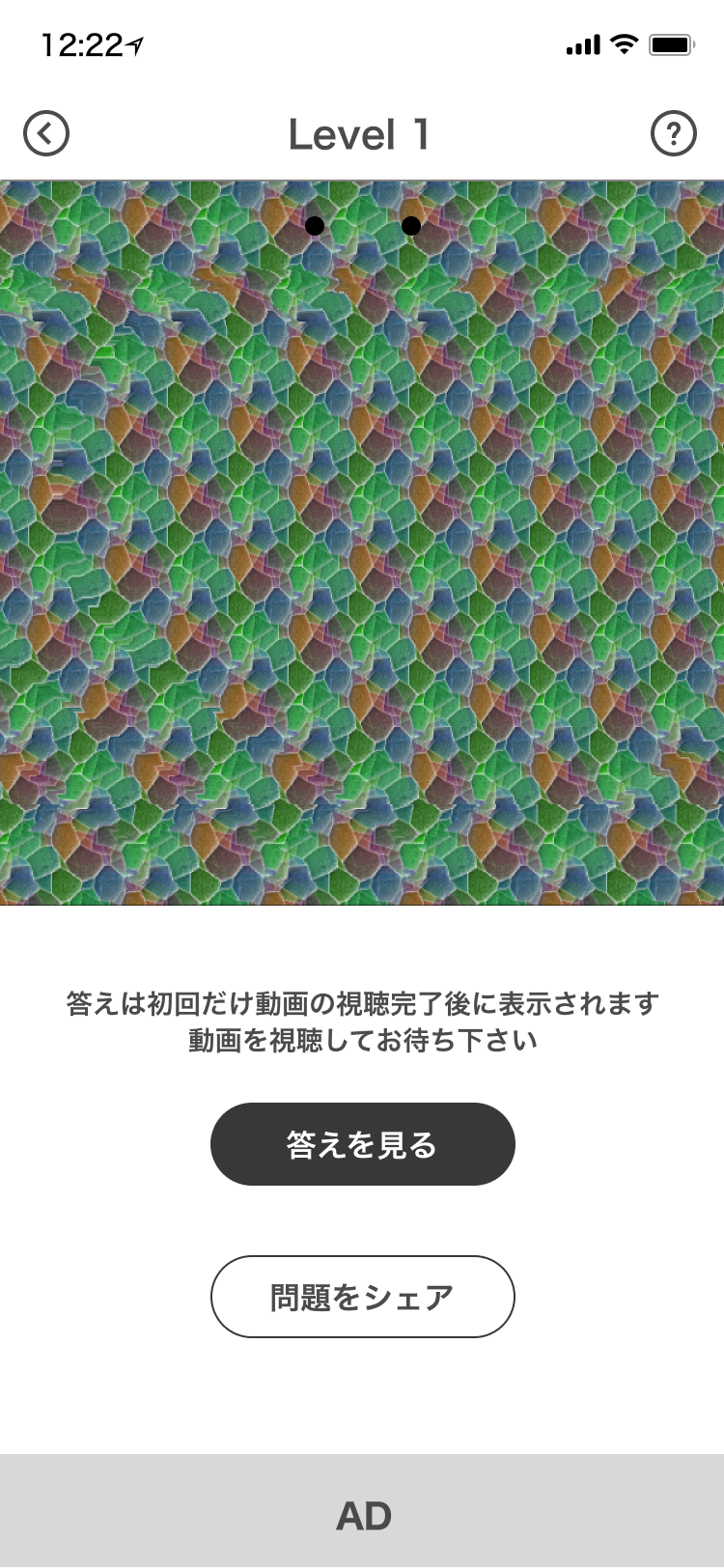 模様の中に隠れた形を探すステレオグラムの問題画面